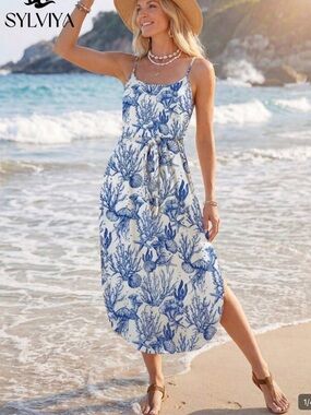 Women's Blue & White Ocean-Print Spaghetti Strap Beach Dress